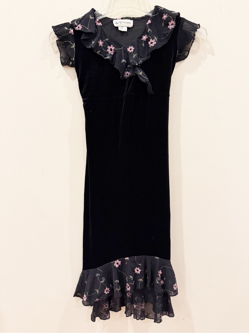 Vintage Dress Girls Size 7 Black Velvet Floral Chiffon Ruffle Long My Michelle